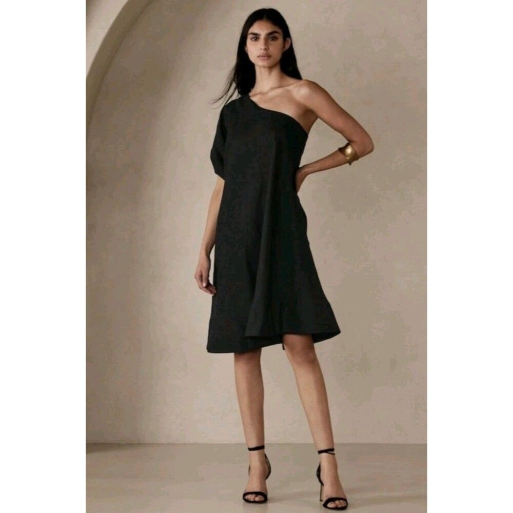 Banana Republic Black Mini Linen Dress One Shoulder NWT M Classic Minimalist